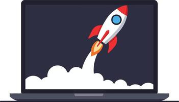 Rocket launching from laptop screen concept for startup innovation and technology growth illustration vector