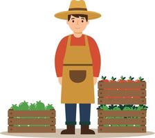 Farmer standing with wooden crates filled with fresh vegetables in apron and hat illustration vector