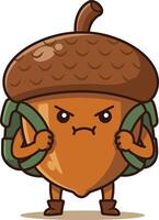 Acorn character with backpack standing angry expression cute forest nature illustration vector