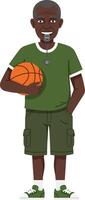 African American boy holding basketball in green outfit standing smiling illustration vector