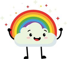 Cute smiling cloud character with colorful rainbow and sparkling stars illustration in cheerful style vector