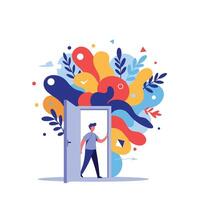 Person walking through door with colorful abstract shapes and leaves illustration vector