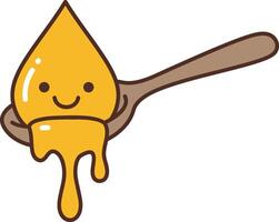 Honey drop with smiling face on wooden spoon cartoon style illustration with orange and brown colors vector