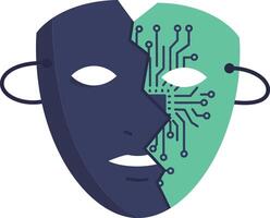 Cybernetic mask with digital circuit half and dark blue half representing AI and human fusion illustration vector