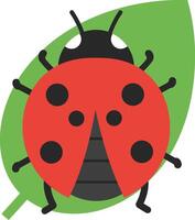 Ladybug insect with red spotted wings sitting on green leaf in simple illustration style vector