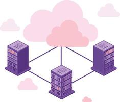 Cloud computing network with connected server towers in purple and pink colors digital technology illustration vector