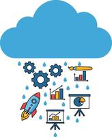 Cloud computing concept with data charts rocket gears and paintbrush illustration for business and technology ideas vector