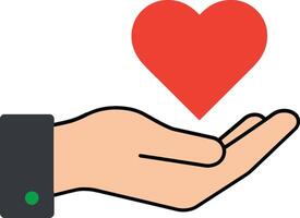 Open hand holding red heart symbol representing love care and support in simple illustration style vector