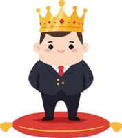 Boy wearing golden crown standing on red carpet in suit and tie illustration vector
