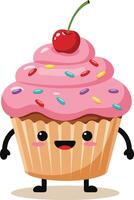 Cute pink frosted cupcake with cherry on top and colorful sprinkles illustration design vector