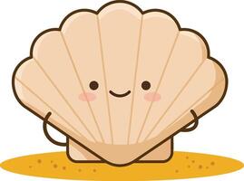Cute smiling seashell cartoon character with sand background illustration design vector