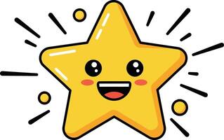 Happy yellow star cartoon character with shining rays and smiling face illustration vector