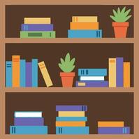 Bookshelf with colorful books and green potted plants in flat style illustration design vector