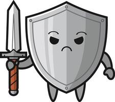Shield character holding sword with angry expression in simple illustration design vector