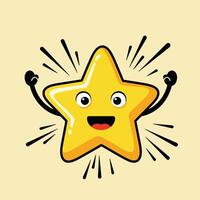 Smiling yellow star cartoon character with cheerful expression and shining rays illustration vector