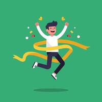 Happy man crossing finish line celebrating victory in running competition with green background and yellow ribbon vector