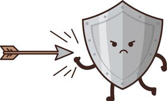 Cartoon shield blocking arrow with angry face and arms defending protection concept illustration vector