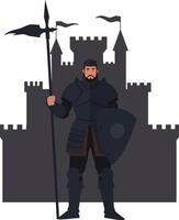 Medieval knight in armor holding spear and shield standing in front of castle silhouette illustration vector