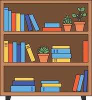 Bookshelf filled with colorful books and potted plants in a simple flat design illustration vector