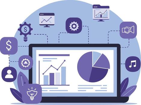 Laptop with financial and business analytics charts and icons for data analysis and digital marketing illustration vector