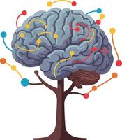 Brain shaped tree with colorful connected nodes symbolizing neural network and intelligence growth illustration vector