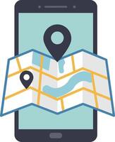 Mobile phone with folded map and location pins for navigation and travel illustration vector