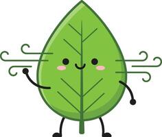 Cute green leaf character with smiling face and blowing wind lines illustration for nature and environment design vector