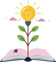 Light bulb growing from open book symbolizing knowledge and creativity with green leaves and purple clouds illustration vector