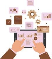 Business analytics dashboard on tablet with hands and charts in brown and pink colors digital marketing concept illustration vector