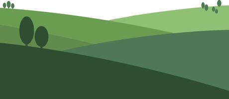 Rolling green hills landscape with simplified tree shapes and layered grass textures in flat design style vector