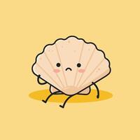 Sad cartoon shell character sitting on yellow background with simple black outline illustration vector