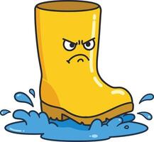 Yellow rain boot with angry face splashing in blue water puddle illustration vector