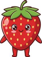 Cute happy red strawberry character with green leaves and smiling face illustration vector