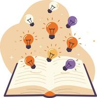 Open book with colorful light bulbs flying out symbolizing creative ideas and knowledge inspiration concept vector
