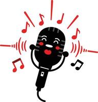 Microphone with happy face surrounded by musical notes and sound waves illustration for music and singing concepts vector