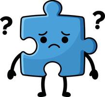 Confused blue puzzle piece character with question marks expressing uncertainty and doubt illustration vector
