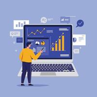 Man analyzing financial growth charts on laptop screen illustration with data visualization and analytics elements vector