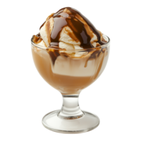 A sundae with caramel and ice cream in a glass png