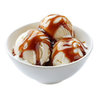 Three scoops of ice cream in a bowl with caramel sauce png