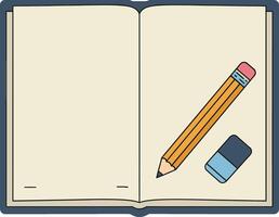 Open blank notebook with pencil and eraser stationary supplies illustration for writing and drawing activities vector