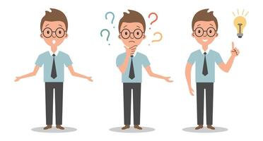 Young man finding a solution to a problem. Boy with a lamp. Illustration. vector