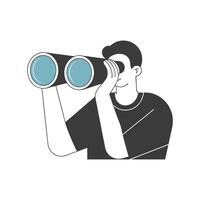 Man looking through binoculars or a telescope in search of future opportunities and new ideas. Minimalist illustration. vector