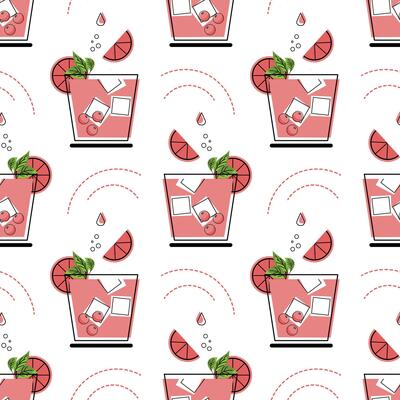 Seamless pattern, glasses with cocktail, ice cubes and fruit slices. Print, background, textile.