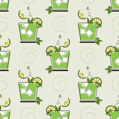 Seamless pattern, glasses with cocktail, ice cubes and fruit slices. Print, background