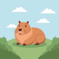 Cute capybara sitting in the grass with a peaceful expression. Illustration, print, postcard for children. vector