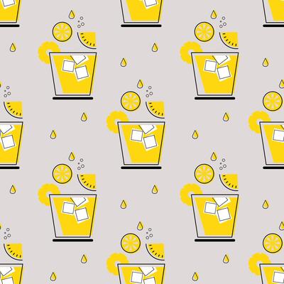 Seamless pattern, glasses with cocktail, ice cubes and fruit slices. Print, background, textile