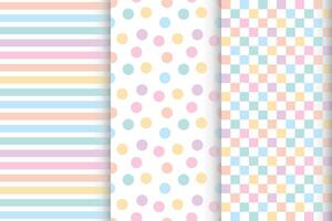 Set of seamless patterns with polka dots, stripes and checks. Pastel backgrounds. Cute pastel colors for babies. vector