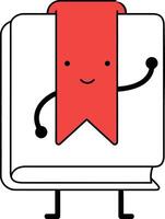 Cute book character with red bookmark waving happy friendly illustration for education and reading concepts vector