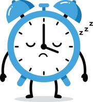 Blue alarm clock character with sleepy face and closed eyes illustration design vector