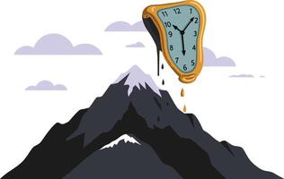 Melting clock surrealism illustration with mountain landscape and cloudy sky in creative art design vector